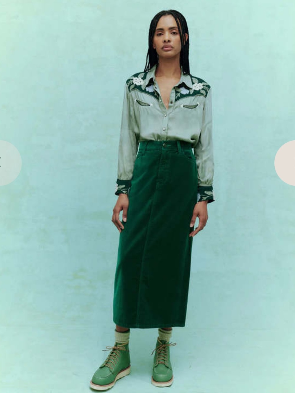 THE GREAT. Sage Green Satin Embroidered Western Heritage Shirt in Dried Sage - Picture 4 of 14